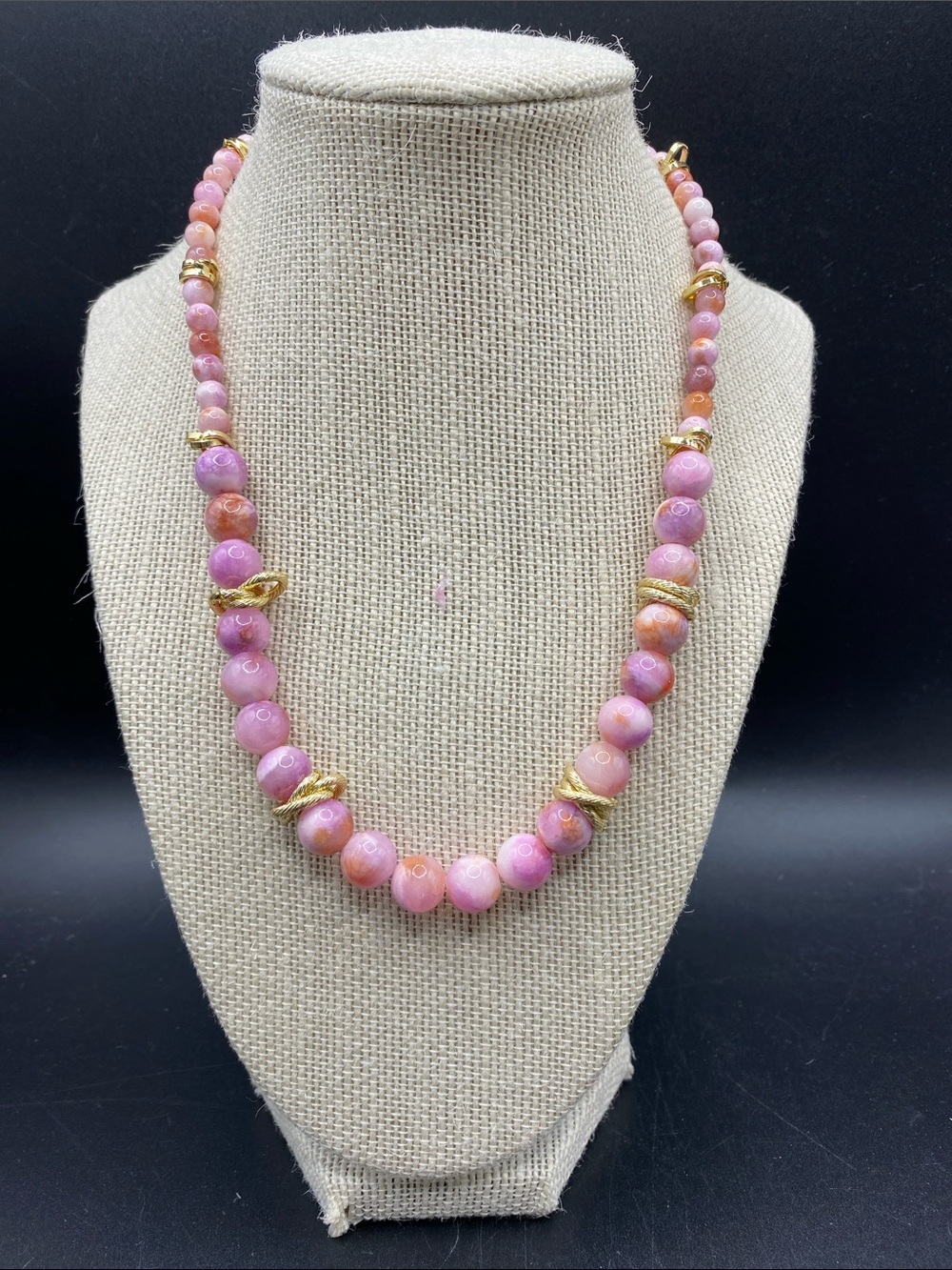 Pink Marbled Glass Beads Necklace Gold Spacers Vintage 18”